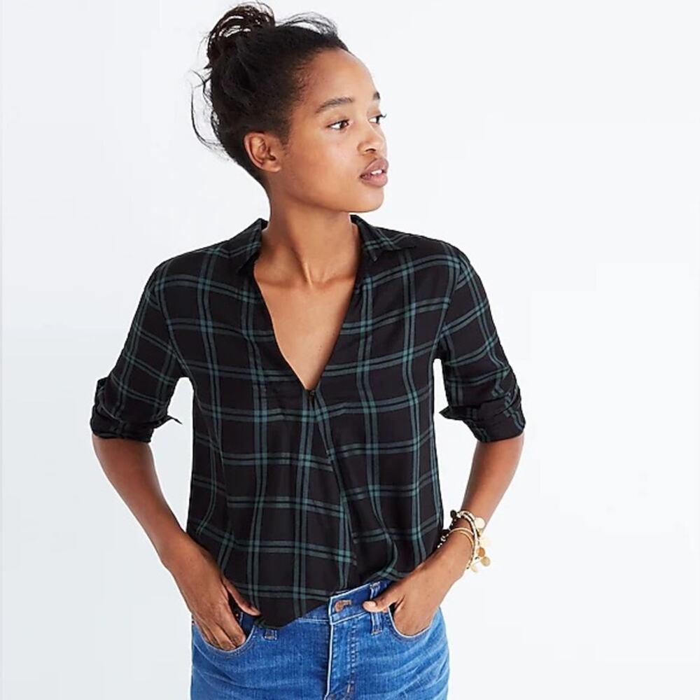 Madewell Wrap Front Shirt Green Black Palma Plaid Checkered Long Sleeve Medium